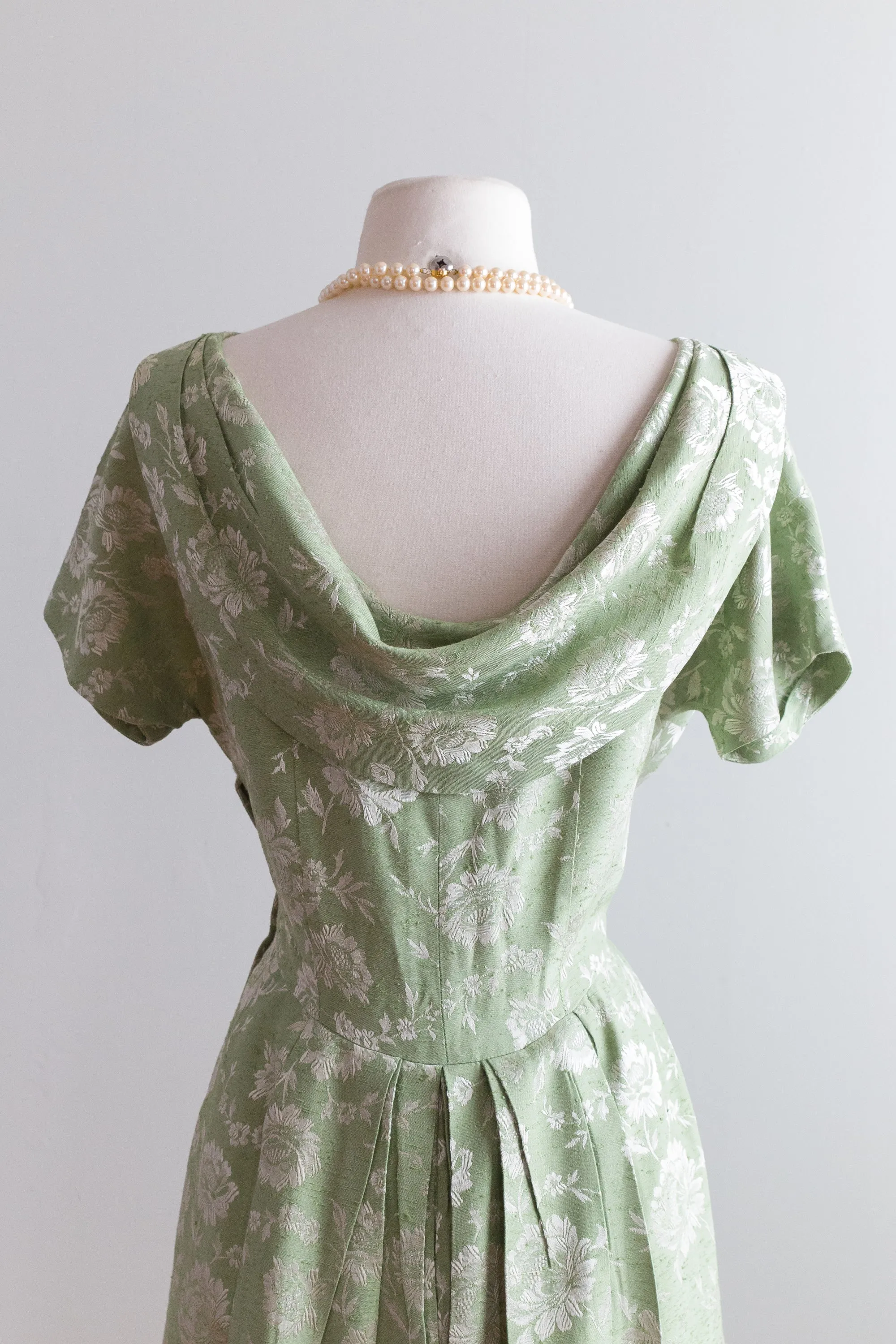 1950s Sage Green Floral Print Brocade Cocktail Dress With Dramatic Back / Waist 28