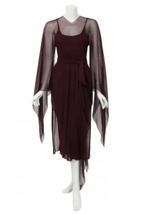 1970's Halston Couture Dark Purple Chiffon Wing Sleeve Bias-Cut Belted Dress