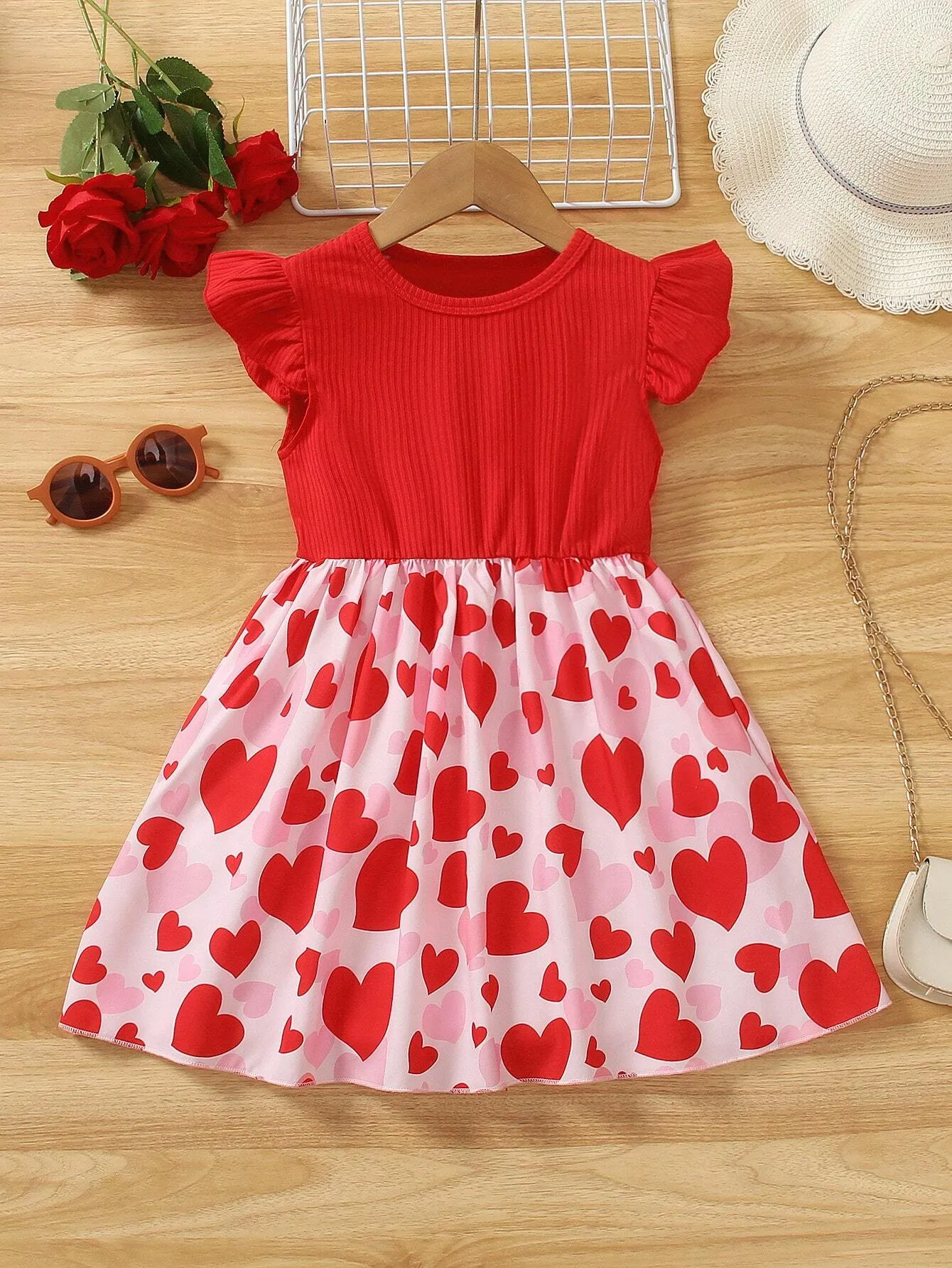 2024 New Summer Girls' Dresses Sweet And Elegant Round Neck Flying-Sleeve Heart Print Random Pattern Kids Dress