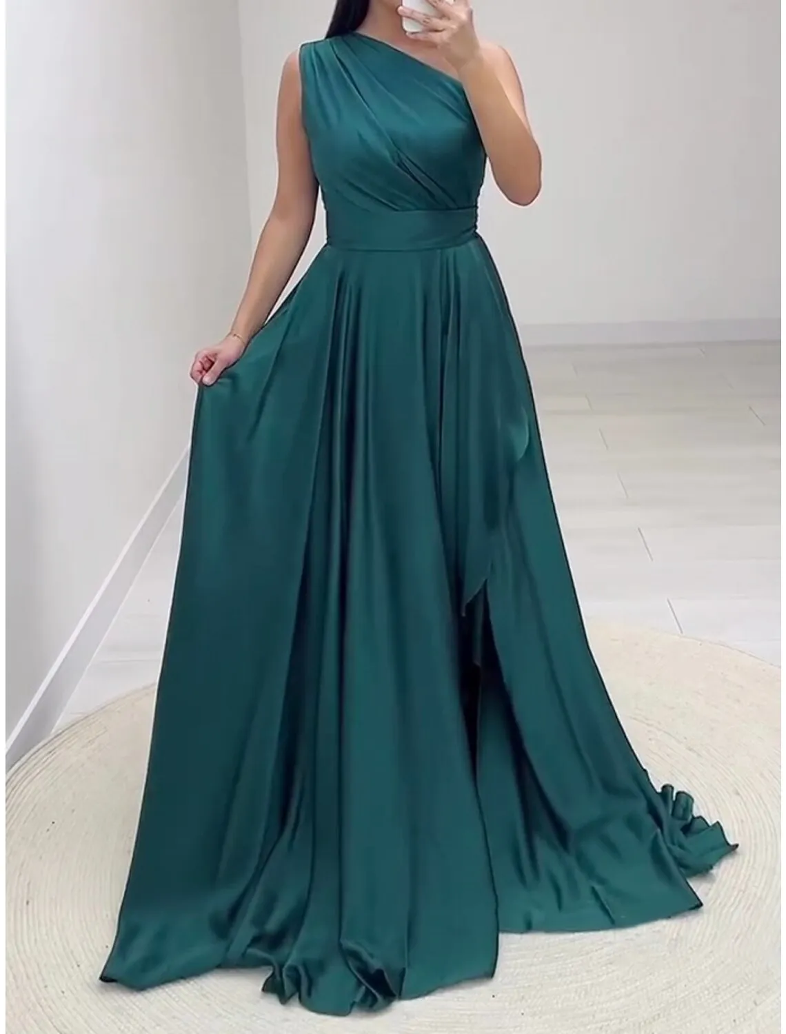 A-Line Evening Gown Elegant Dress Formal Chapel Train Sleeveless One Shoulder Charmeuse with Pleats Slit