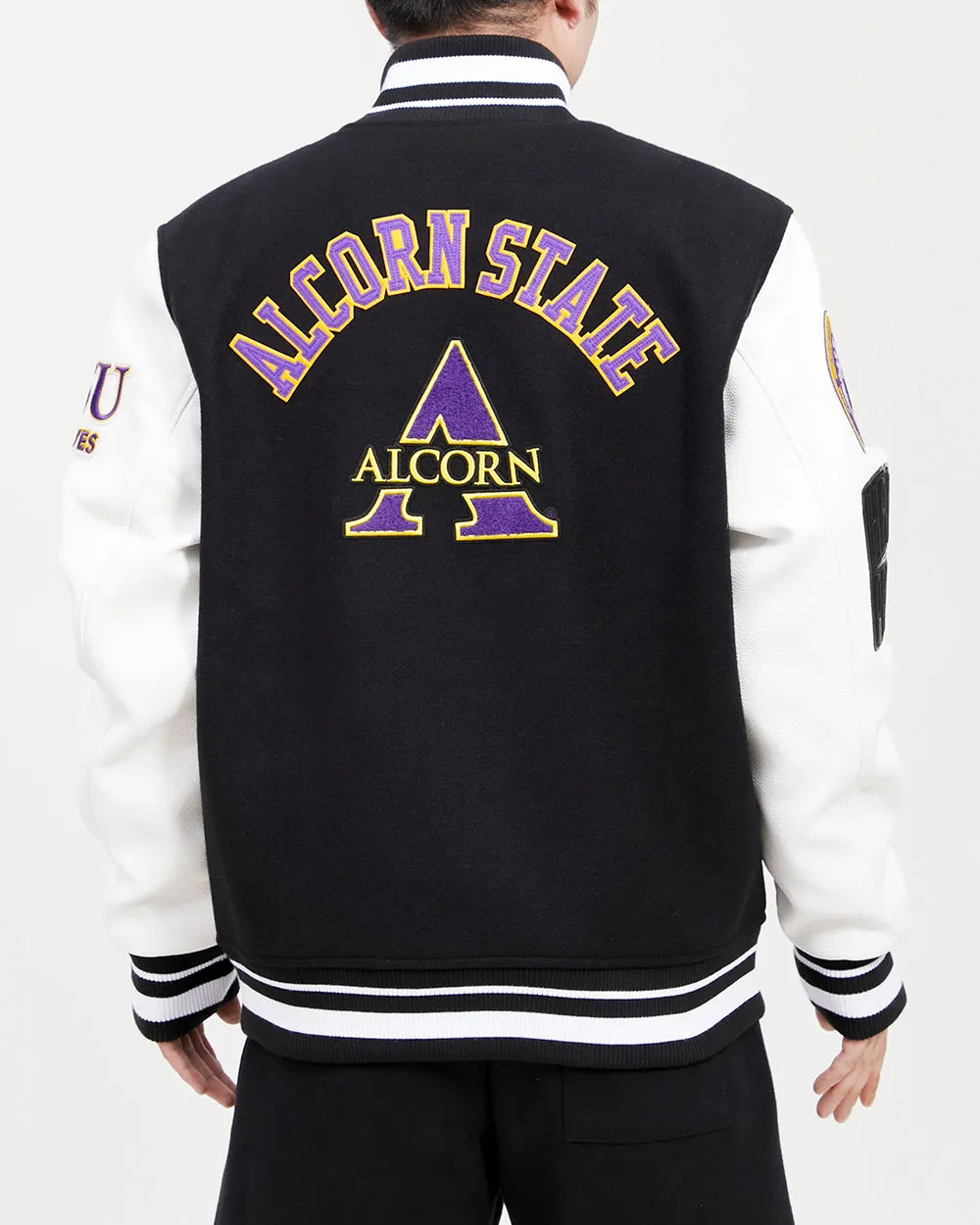 ALCORN STATE UNIVERSITY CLASSIC RIB WOOL VARSITY JACKET (BLACK/WHITE)