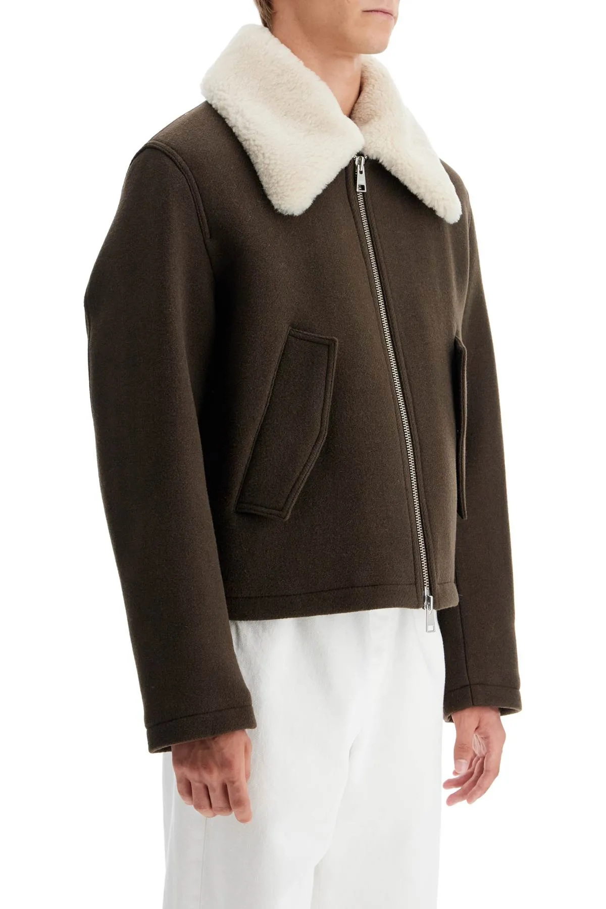 AMI ALEXANDRE MATIUSSI boxy shearling jacket with collar