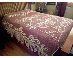 Antique Handmade Lace Bedspread Fishermans Net Hand Knotted Filet Lacis