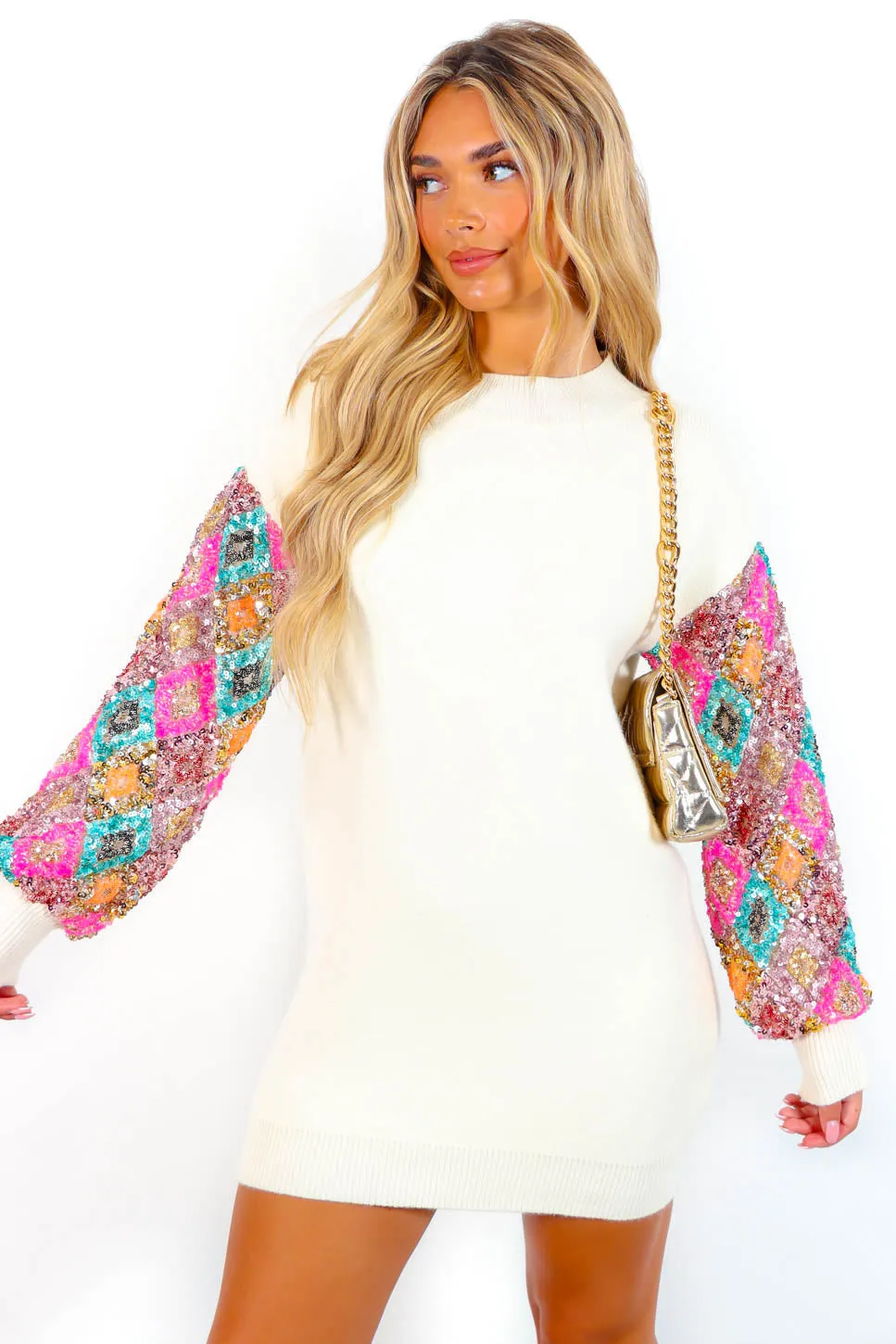 Attitude Problem - Cream Pink Sequin Sleeve Knitted Mini Dress