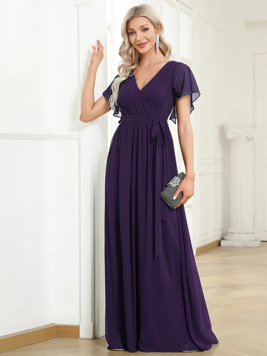 AUDREY CHIFFON V-NECK EVENING DRESS