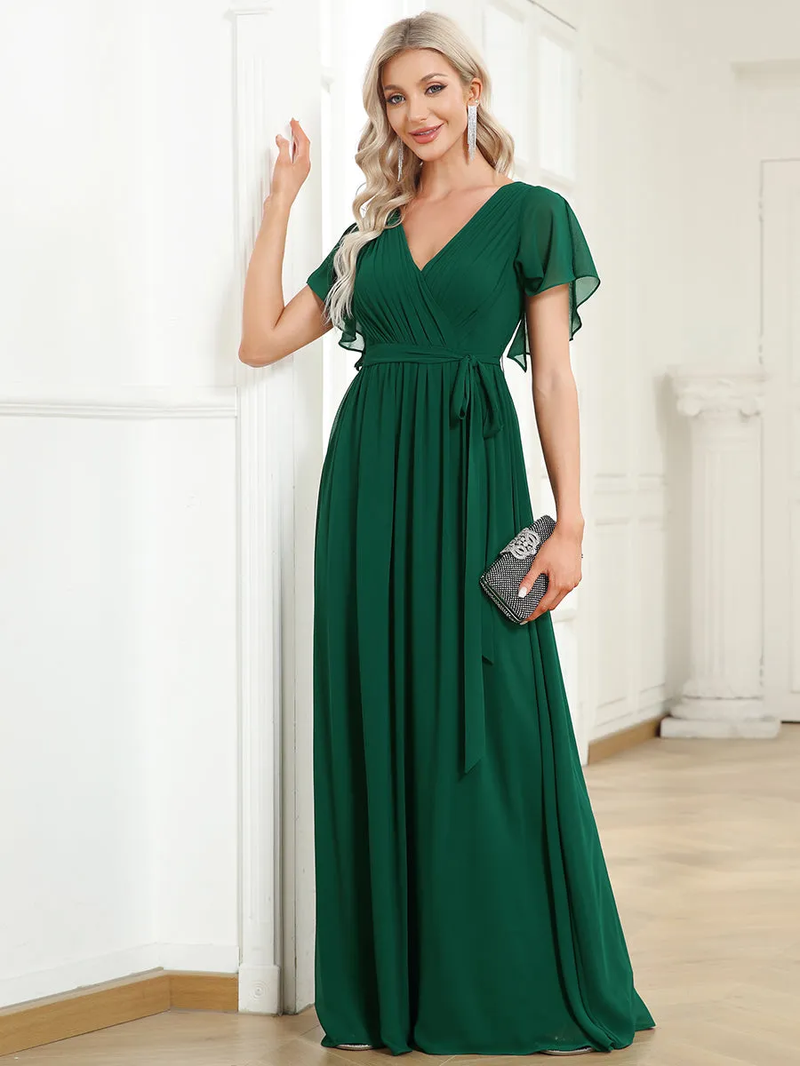 AUDREY CHIFFON V-NECK EVENING DRESS