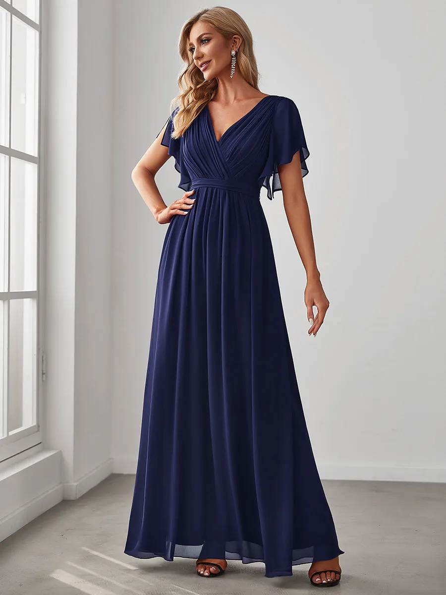 AUDREY CHIFFON V-NECK EVENING DRESS