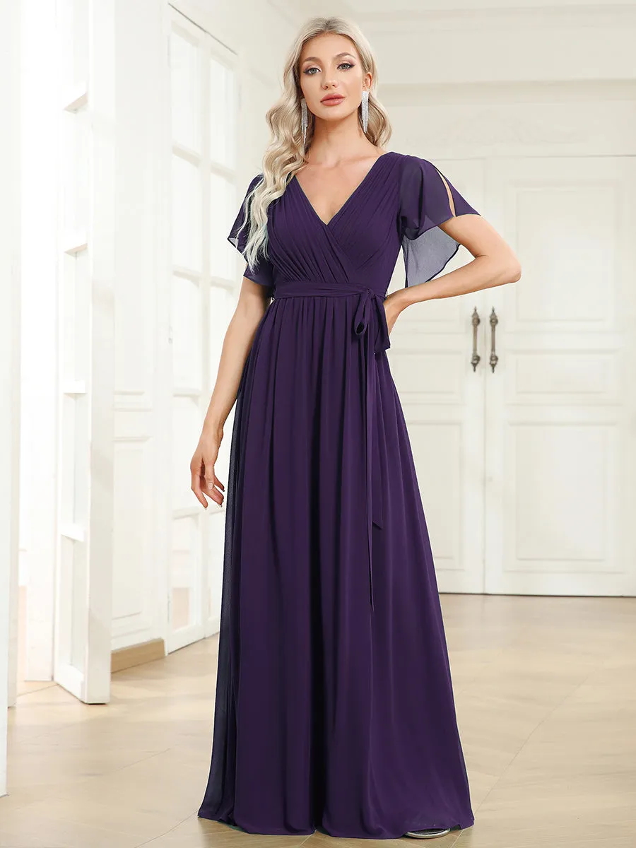 AUDREY CHIFFON V-NECK EVENING DRESS