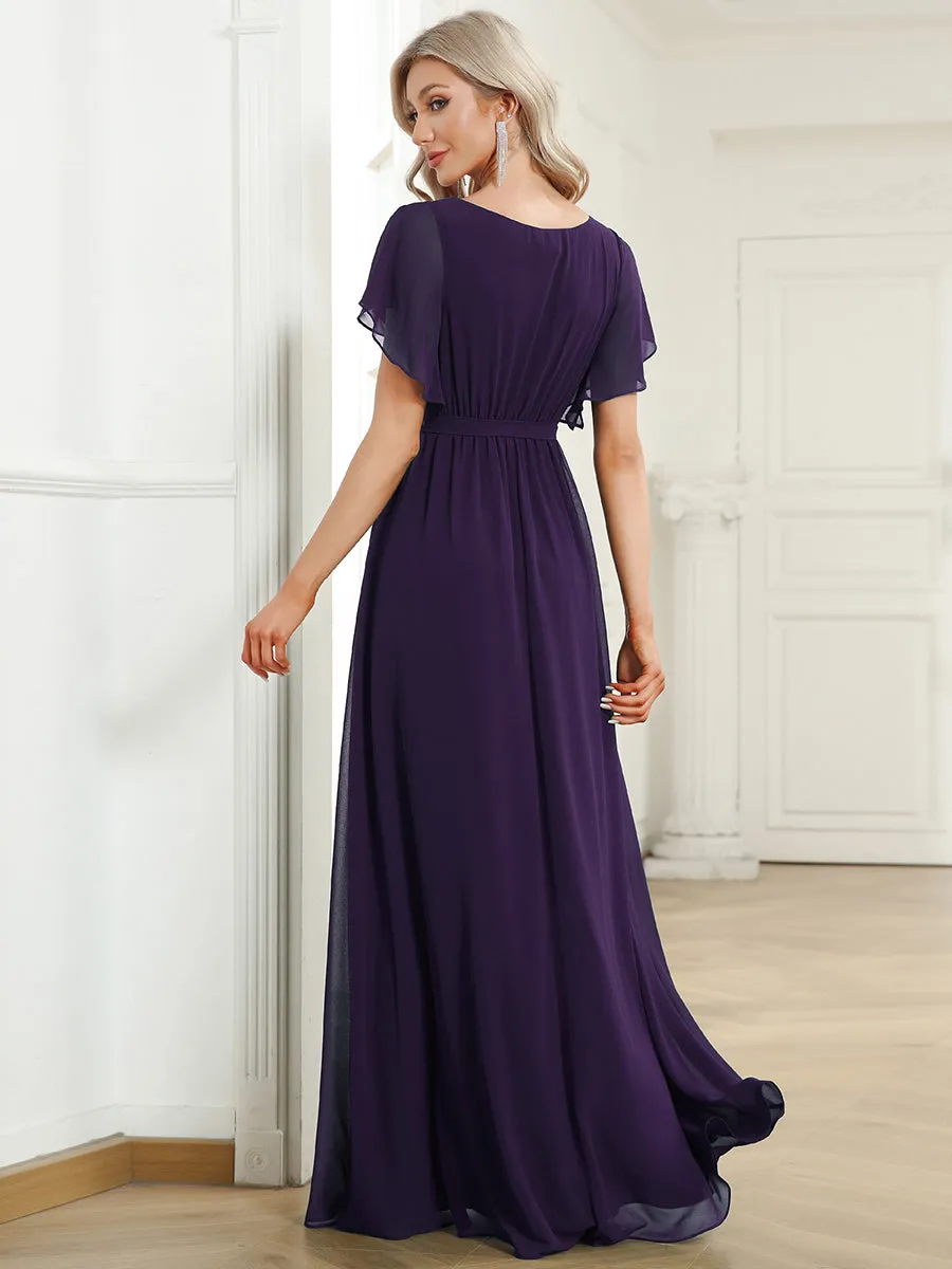 AUDREY CHIFFON V-NECK EVENING DRESS