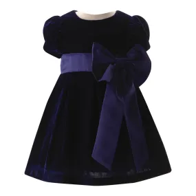 Baby Girl Crushed Velvet Bow Dress, Navy