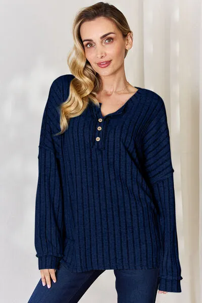 Basic Bae Ribbed Half Button Long Sleeve Top - 5 colors