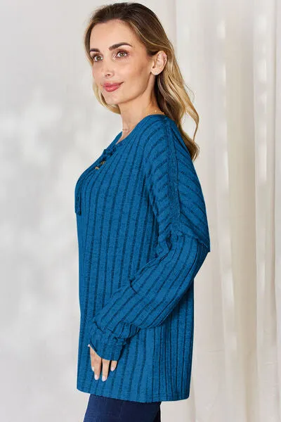 Basic Bae Ribbed Half Button Long Sleeve Top - 5 colors