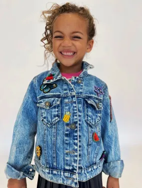 Beaded Crystal Fruit Crop Denim Jacket