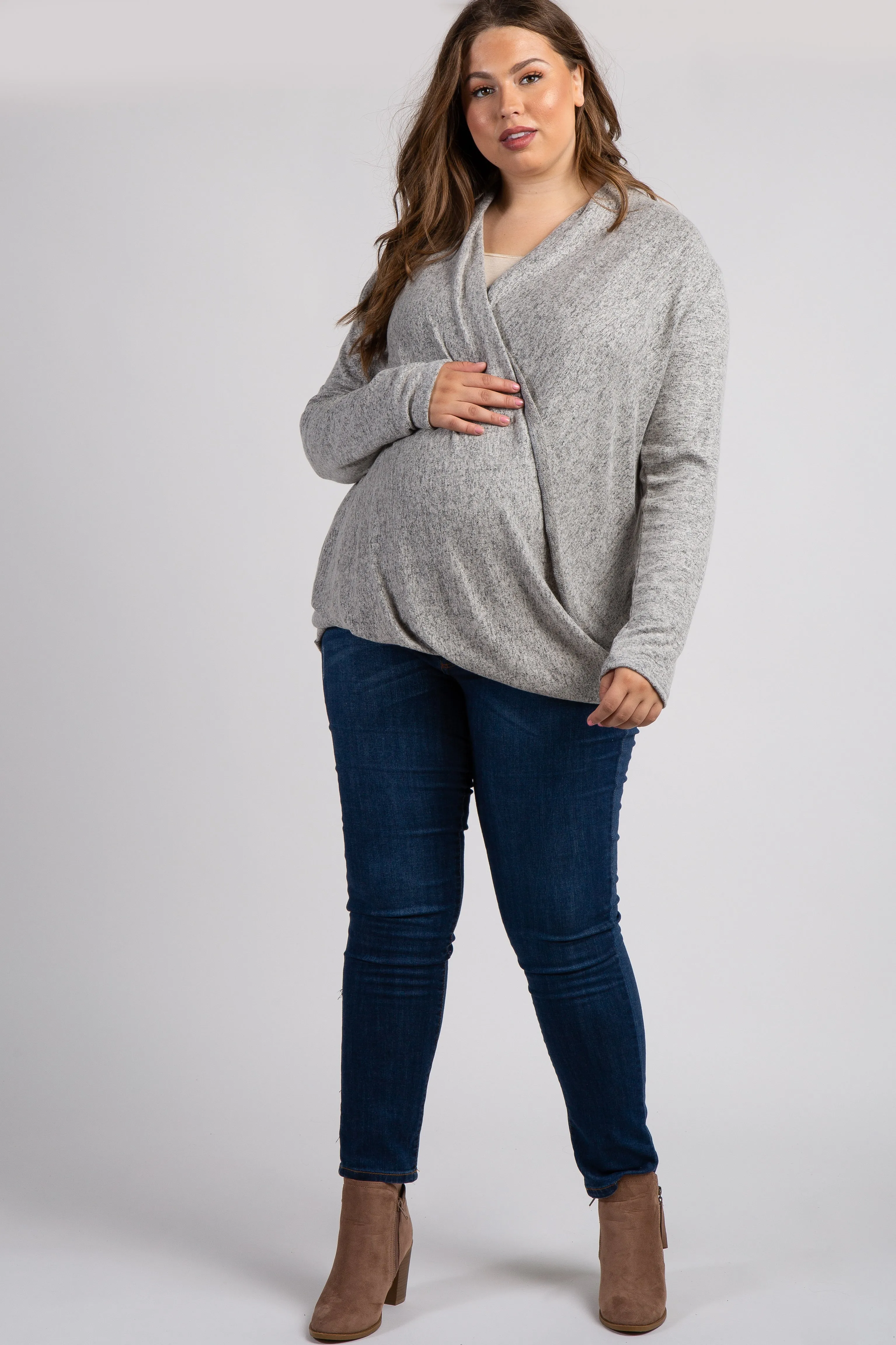 Beige Draped Wrap Plus Maternity Nursing Top