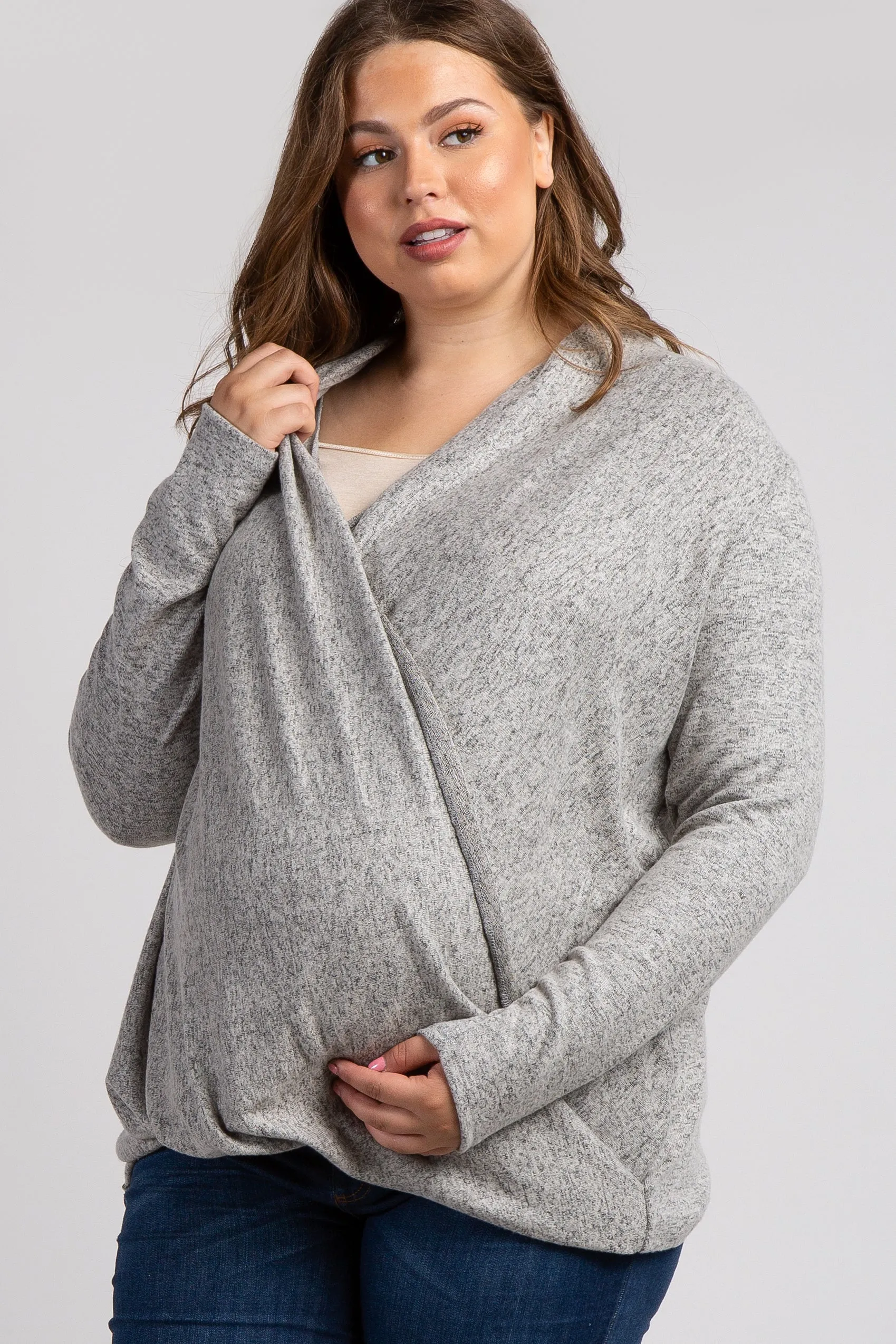 Beige Draped Wrap Plus Maternity Nursing Top