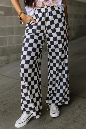 Black 2-Tone Checked Print High Waist Wide Leg Pants