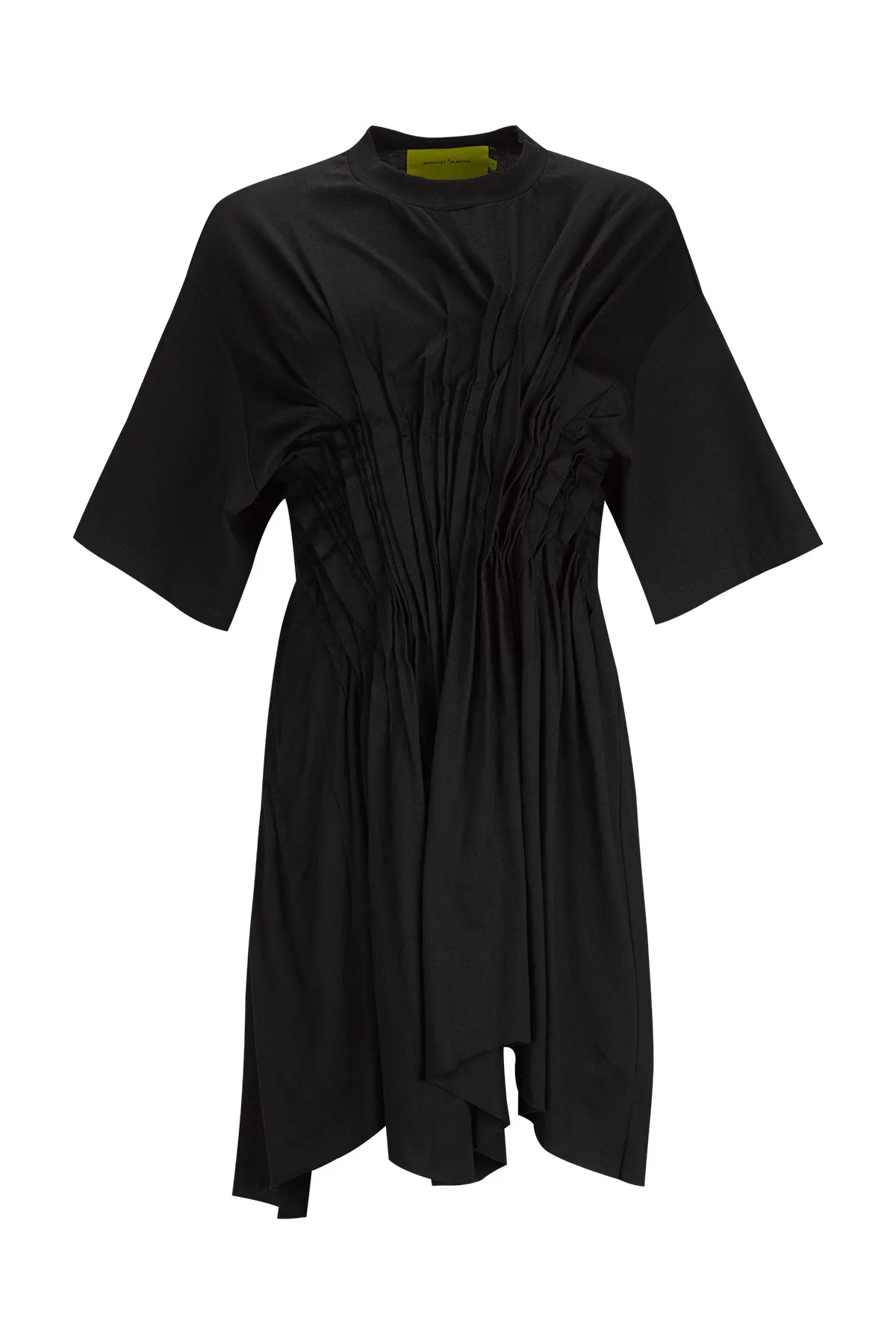 BLACK CINCHED PLEATED T-SHIRT DRESS