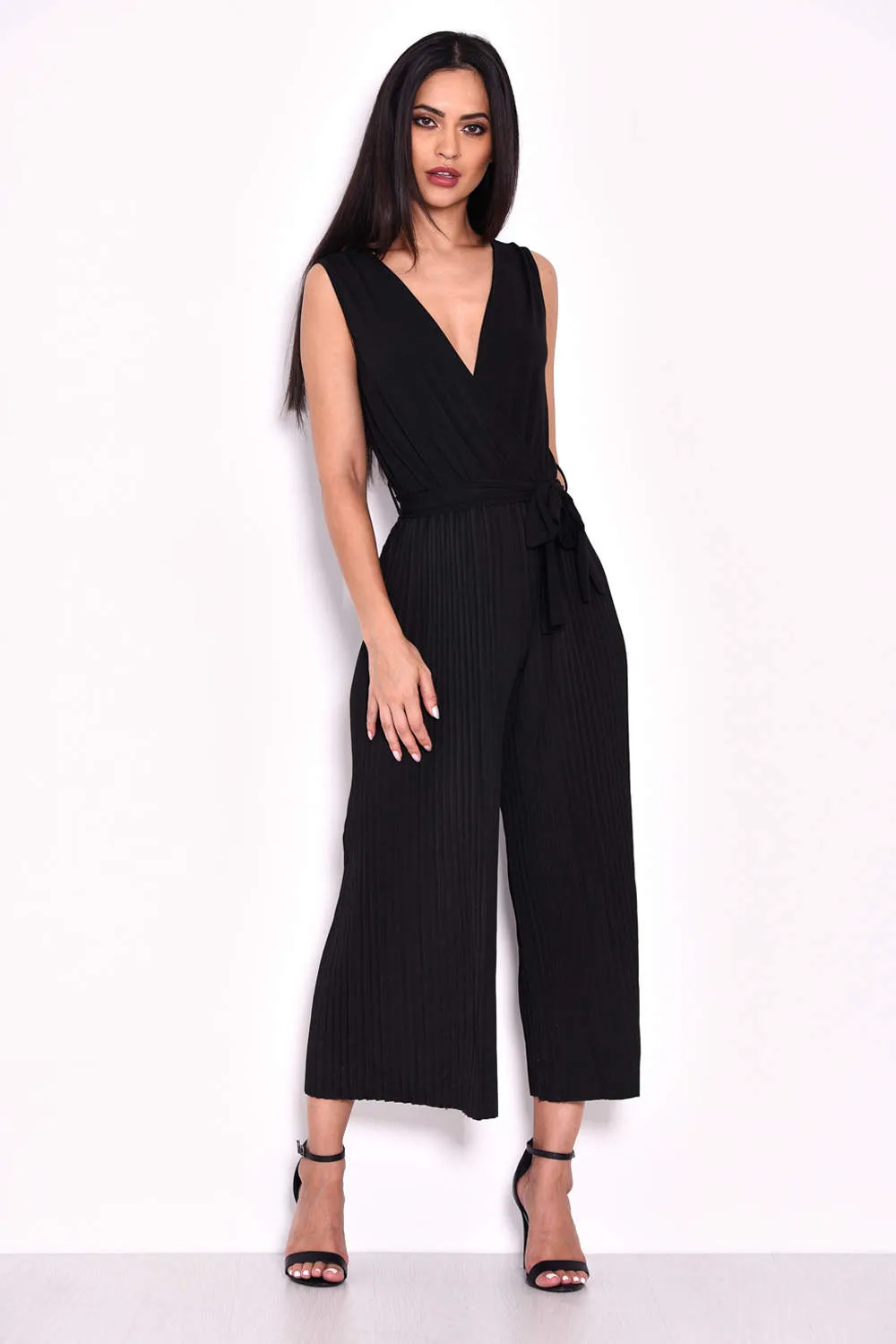 Black Culotte Pleated Tie-Waist Jumpsuit