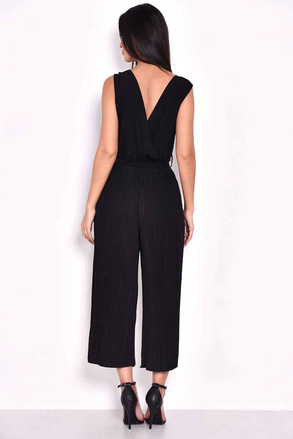 Black Culotte Pleated Tie-Waist Jumpsuit