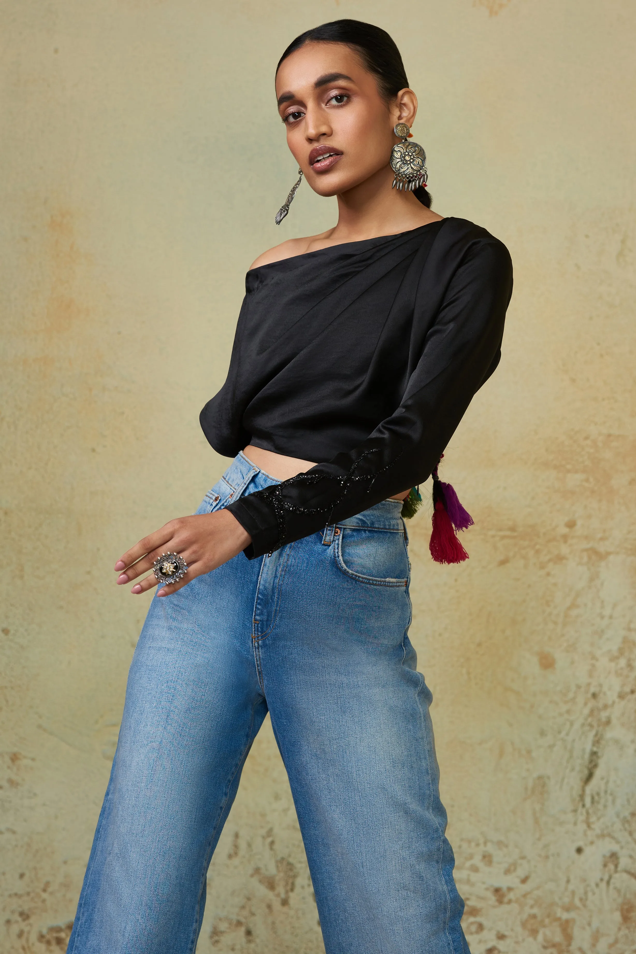 Black Draped Off Shoulder Top