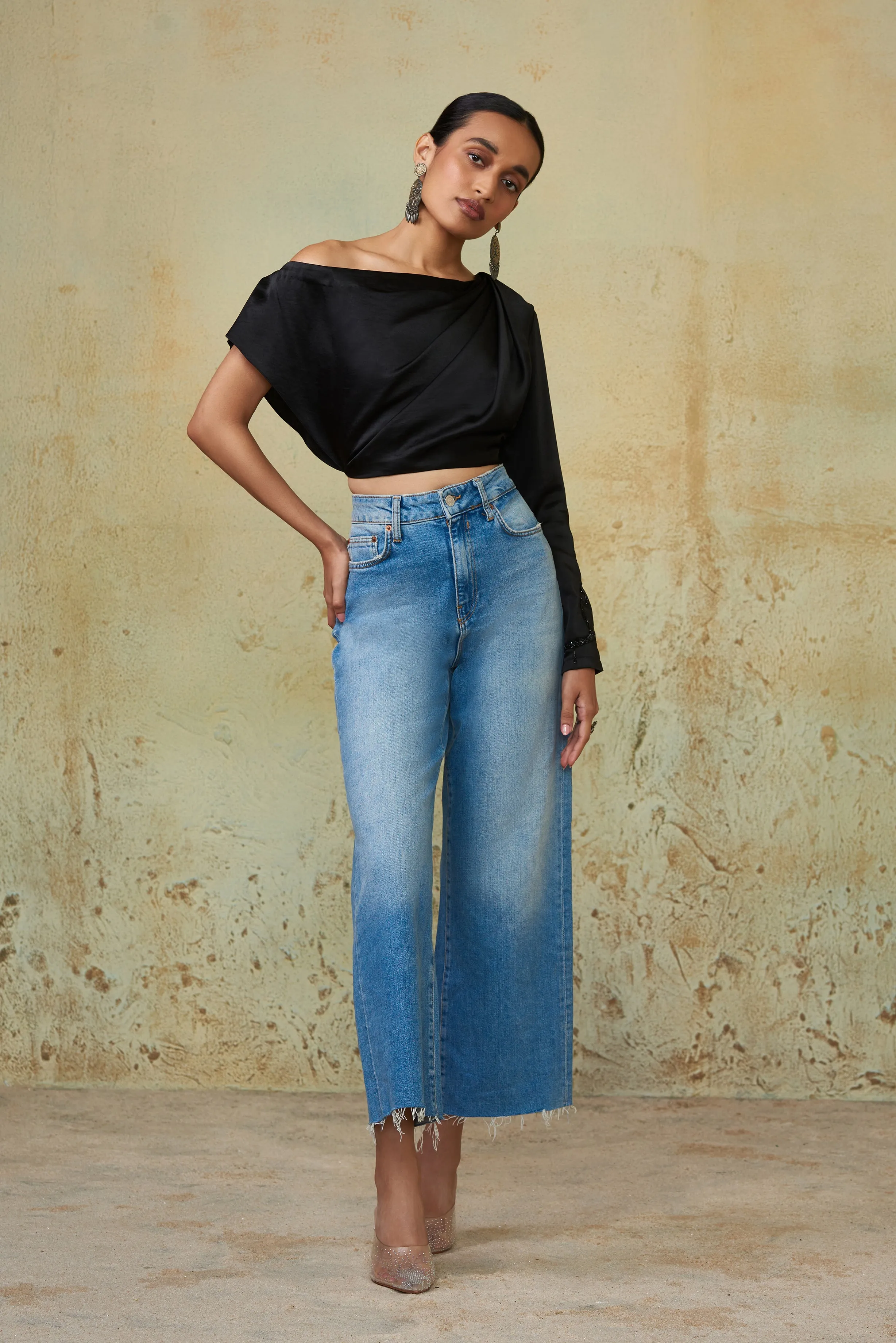 Black Draped Off Shoulder Top