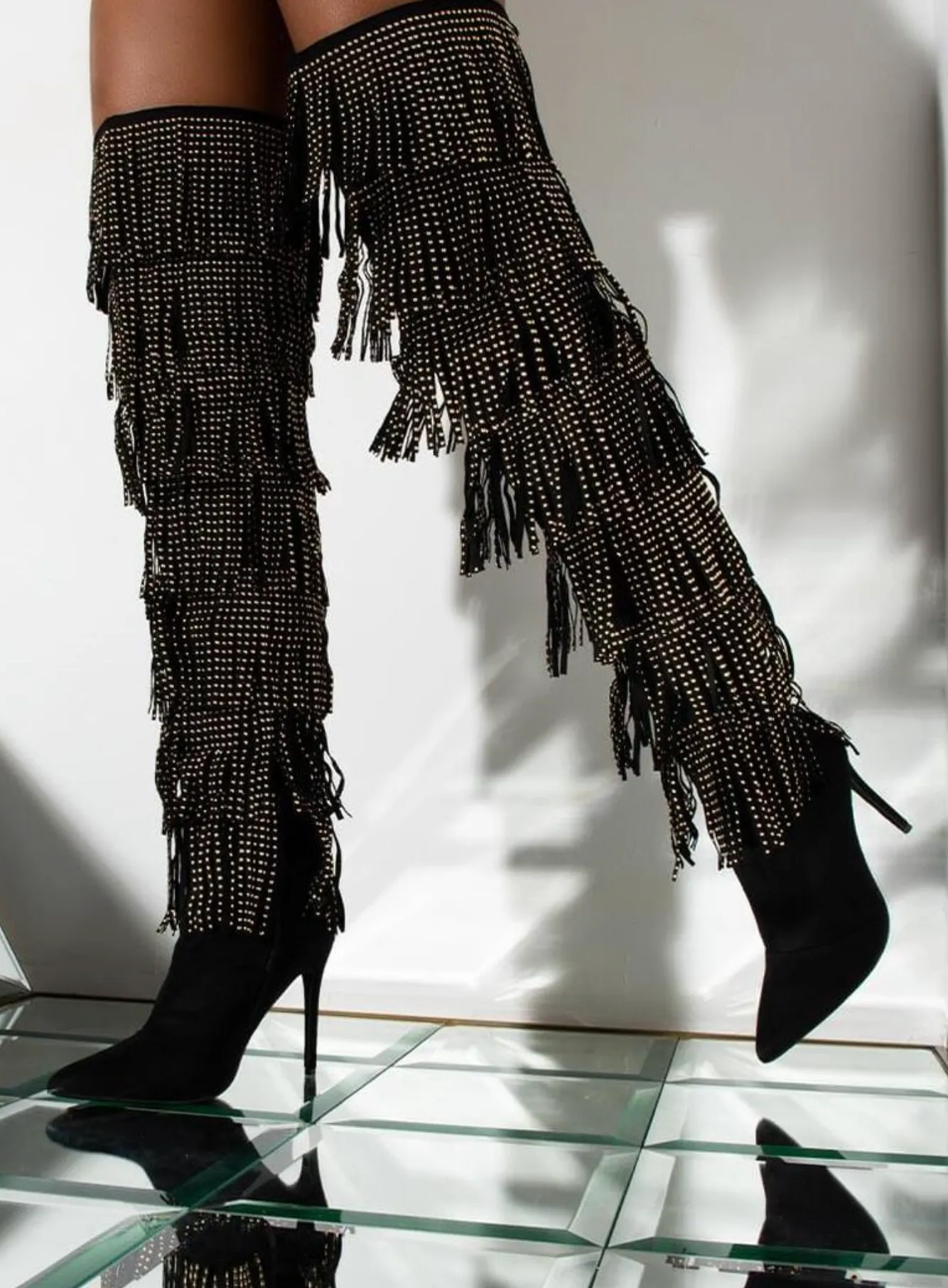 Black Thigh High Fringe Boots with Stieltto Heel