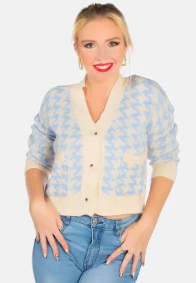 Blue Houndstooth Patterned Cropped Cardigan