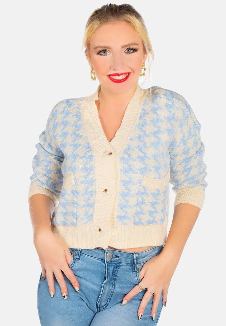 Blue Houndstooth Patterned Cropped Cardigan