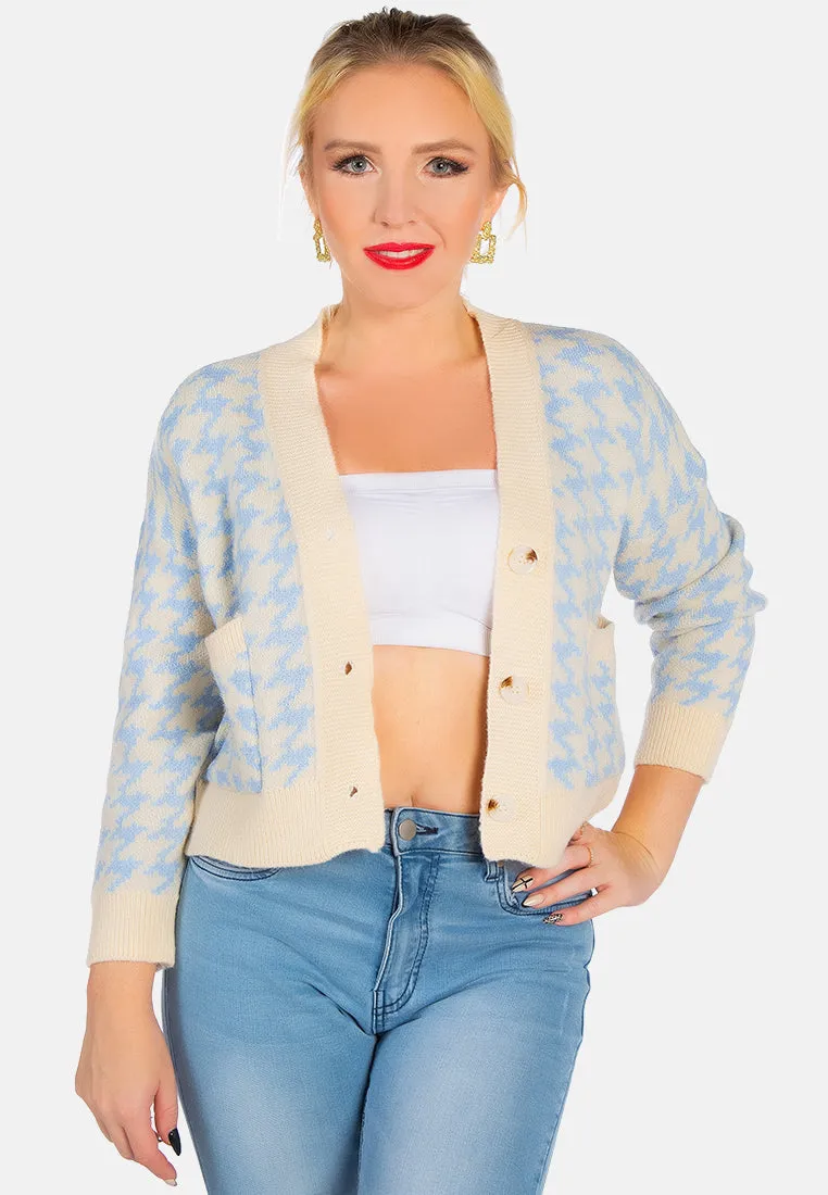 Blue Houndstooth Patterned Cropped Cardigan