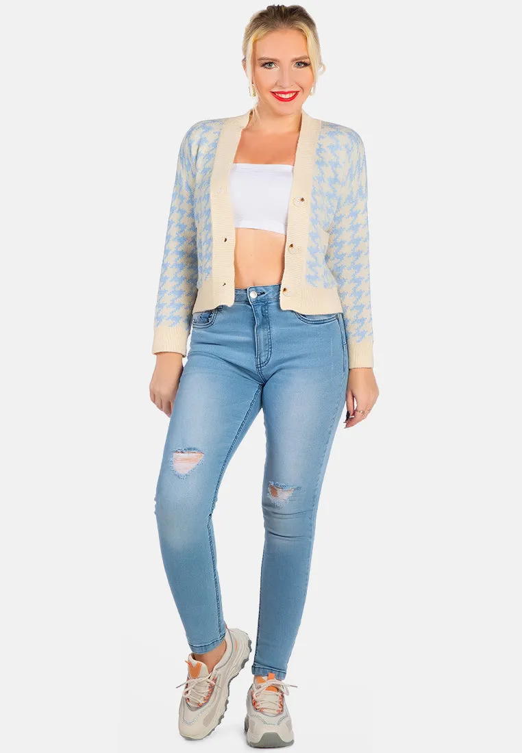 Blue Houndstooth Patterned Cropped Cardigan