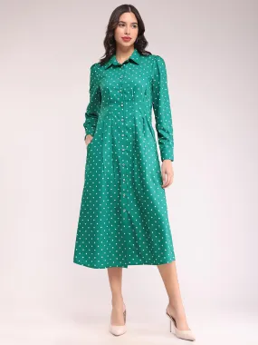 Button Down Shirt Dress - Green And Ecru