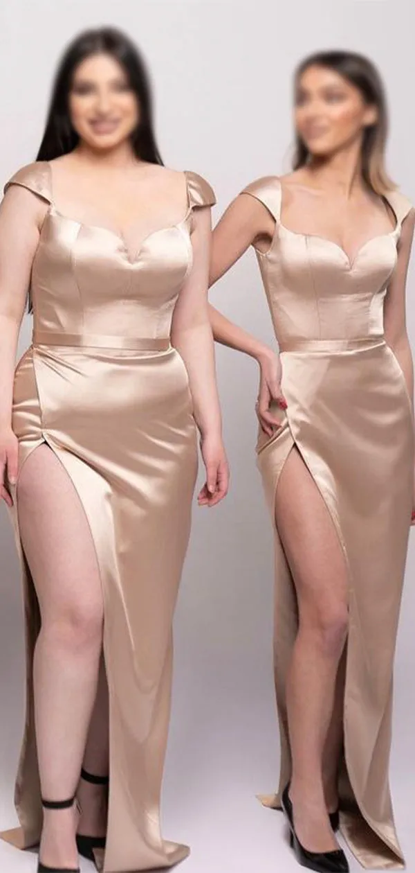 Champagne Cap Sleeves Satin Unique Plus Size Elegant Long Beach Formal Bridesmaid Dresses BD229