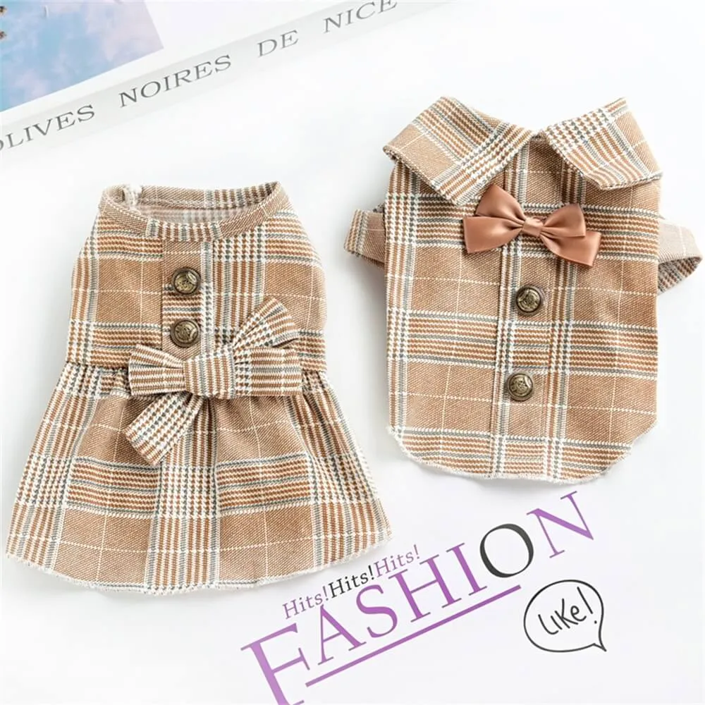 Classic Plaid Pet Clothing - Dog Dress and Shirt Set