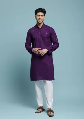 Cotton Schiffli With Sequins Solid Men's Long Kurta - Purple