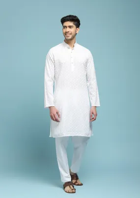 Cotton Schiffli With Sequins Solid Men's Long Kurta - White