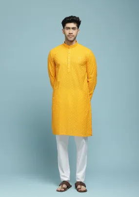 Cotton Schiffli With Sequins Solid Men's Long Kurta - Yellow