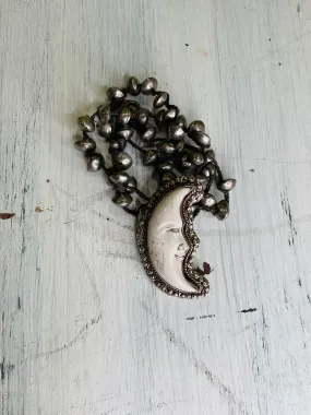 Crescent Moon Face Carved in Bone Necklace