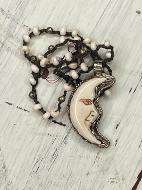 Crescent Moon Face Carved in Bone Short Necklace