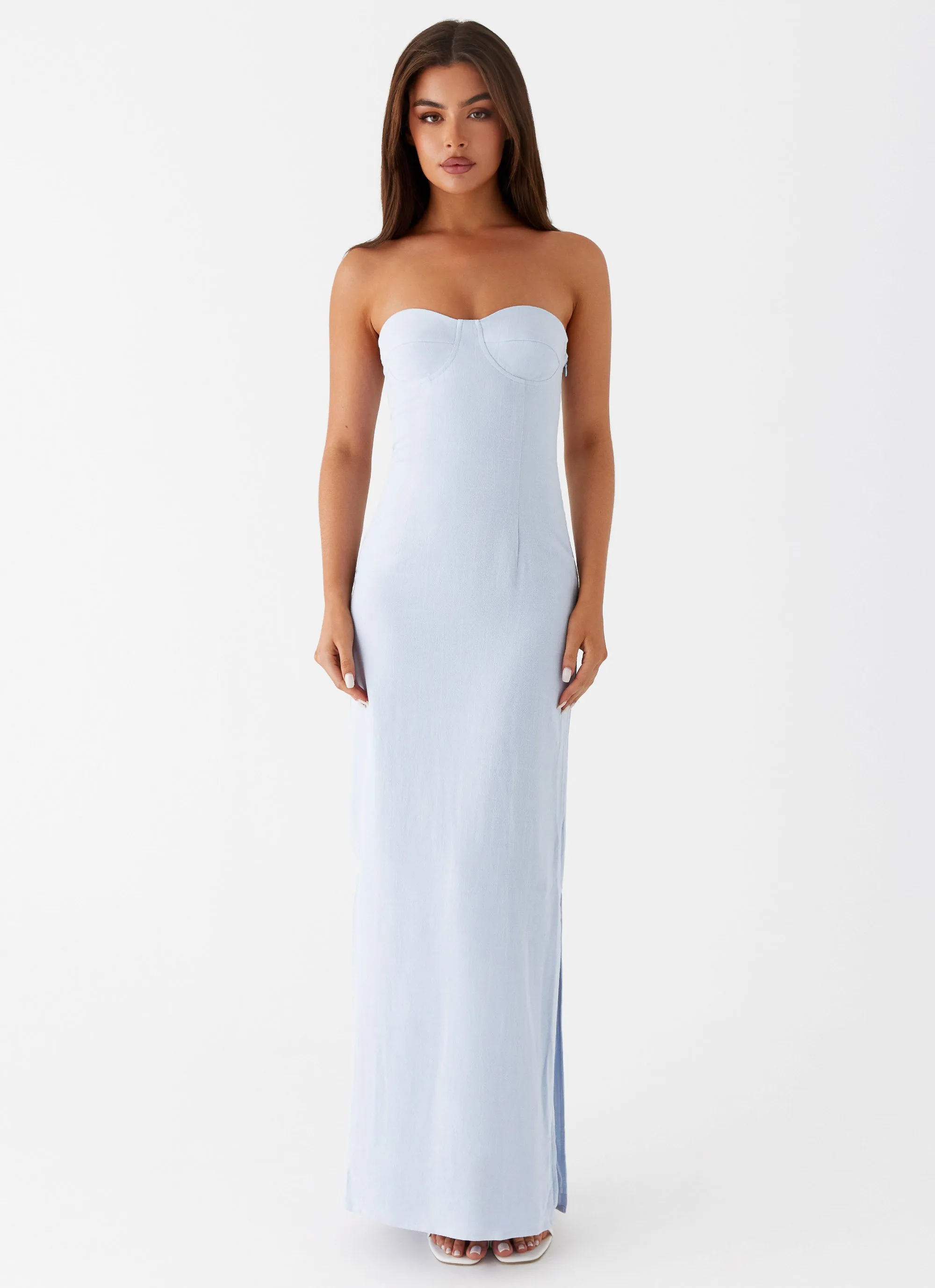 Esra Linen Strapless Maxi Dress - Blue