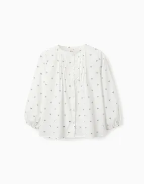 Floral Cotton Shirt for Girls, White