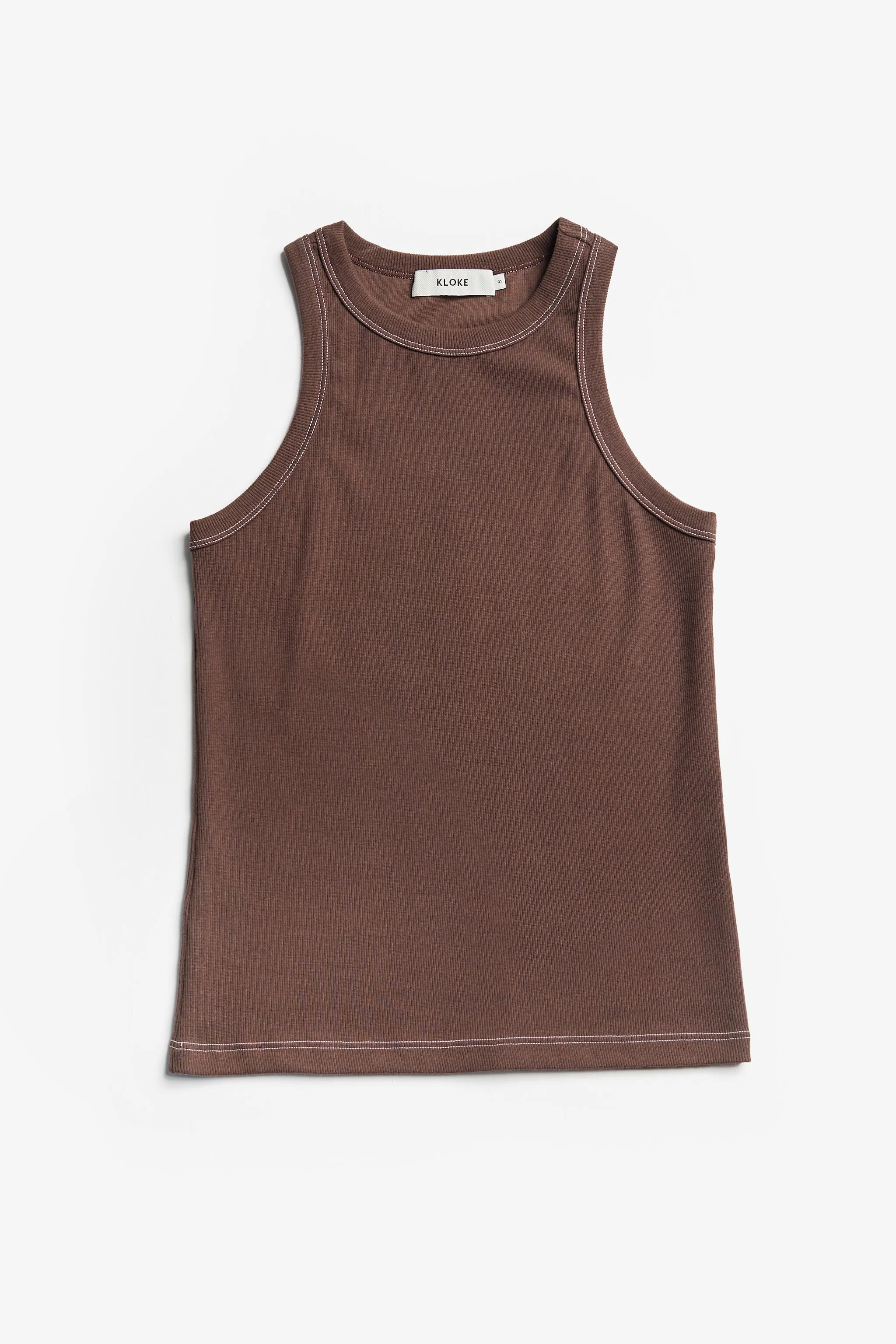 Flux Racer Back Tank Chocolate w Ecru Stitch