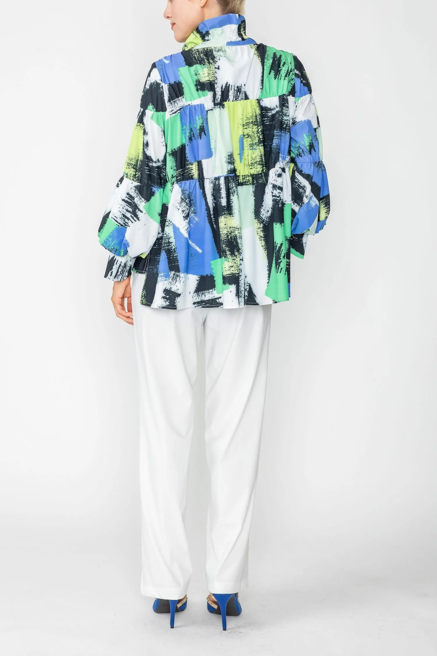 Green Drawing Stand Collar & Shirring Layered Jacket