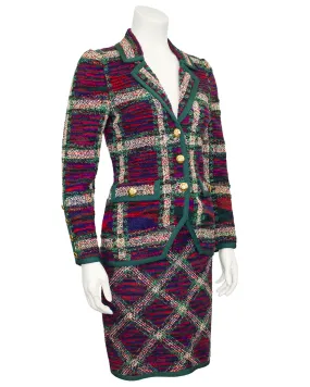 Green, Purple & Red Plaid Knit Skirt Suit