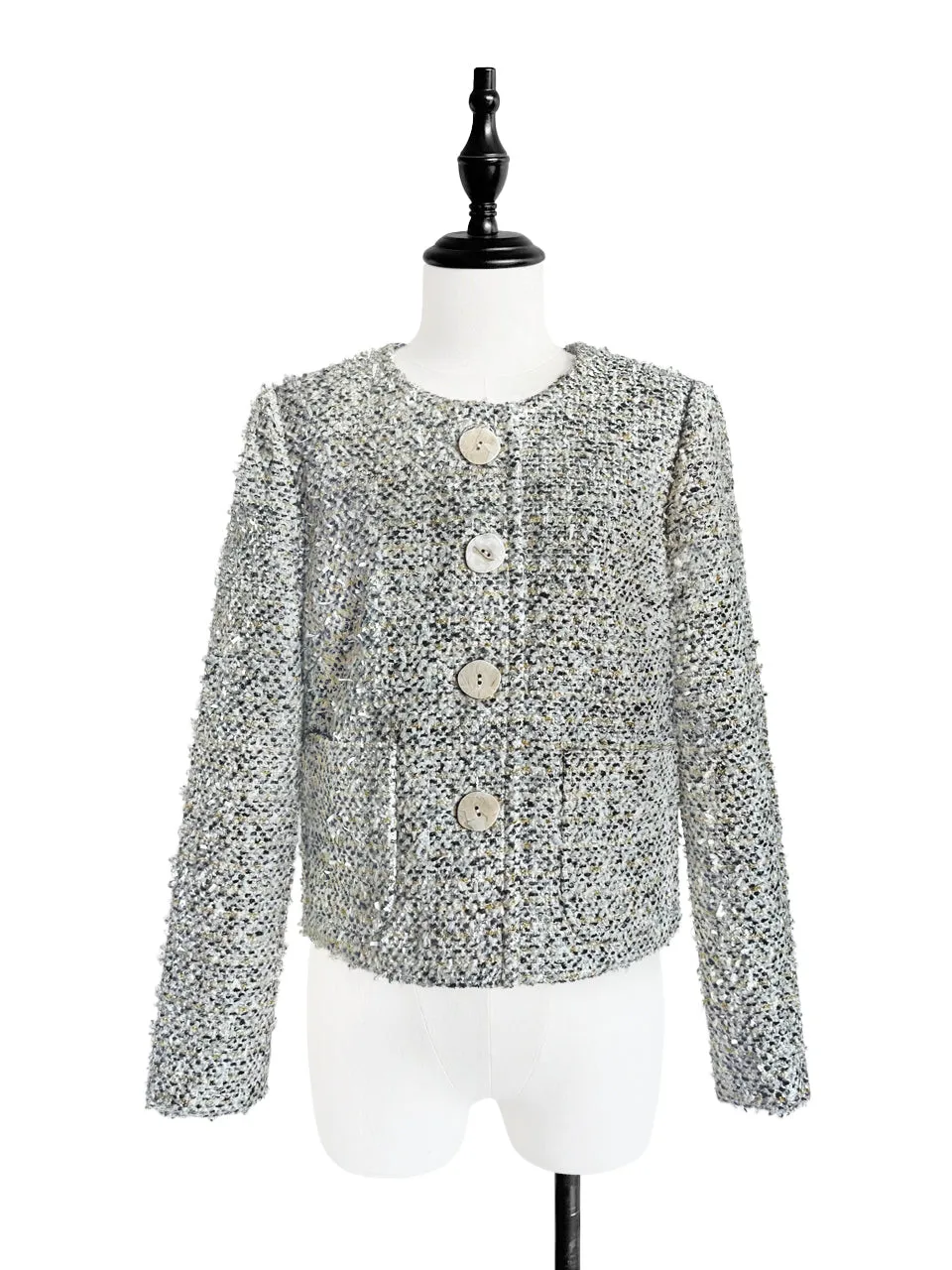 Grey/ Cream Button Front Boxy Bouclè Tweed Crop Jacket