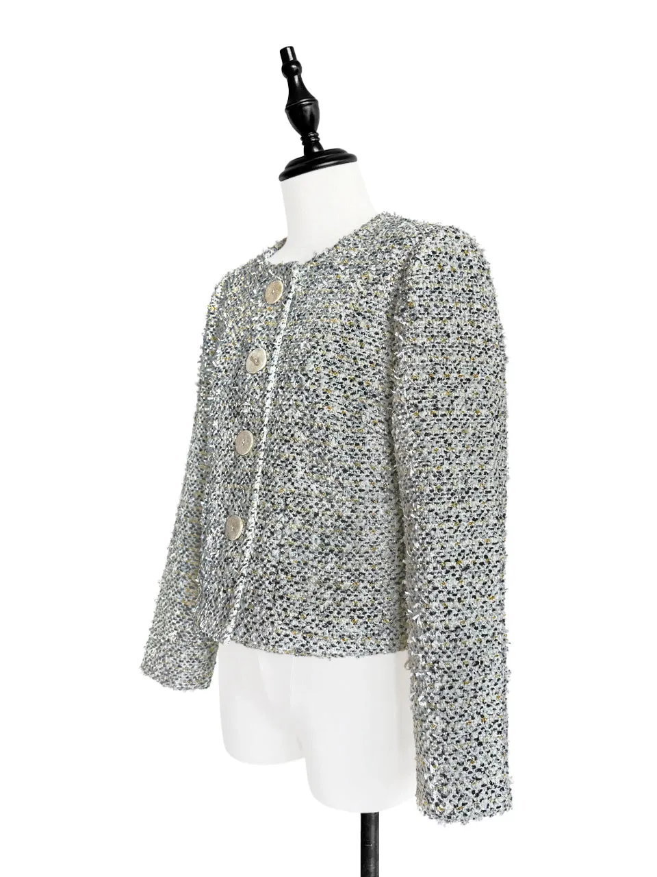 Grey/ Cream Button Front Boxy Bouclè Tweed Crop Jacket