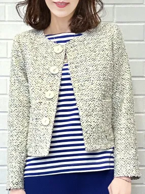 Grey/ Cream Button Front Boxy Bouclè Tweed Crop Jacket