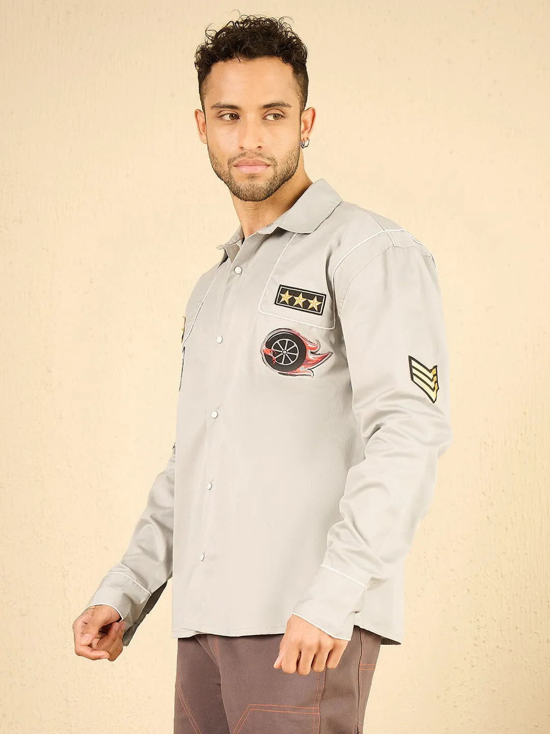 Grey Moto Patched Shirt