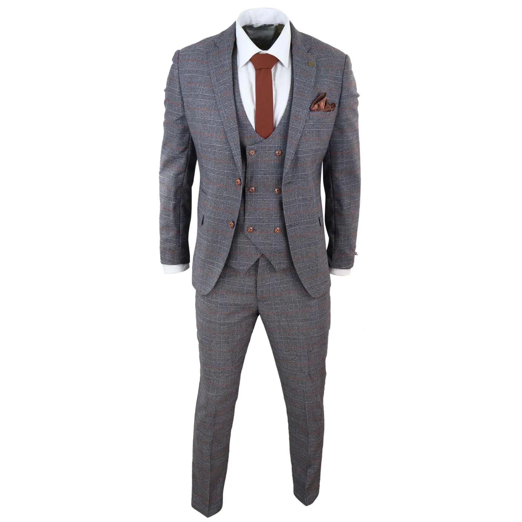 Grey Tweed 3 Piece Suit Prince Of Wales Check Slim Fit Double Breast Waistcoat