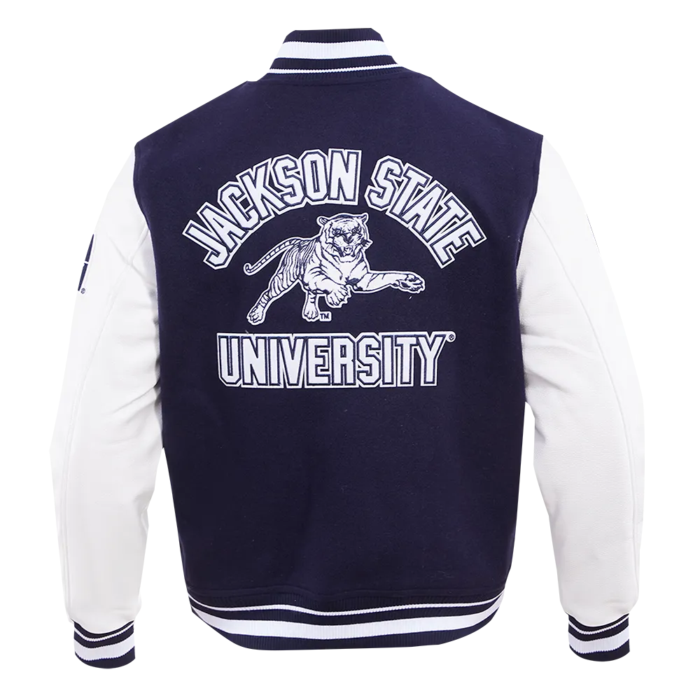 JACKSON STATE UNIVERSITY CLASSIC RIB WOOL VARSITY JACKET (MIDNIGHT NAVY/WHITE)