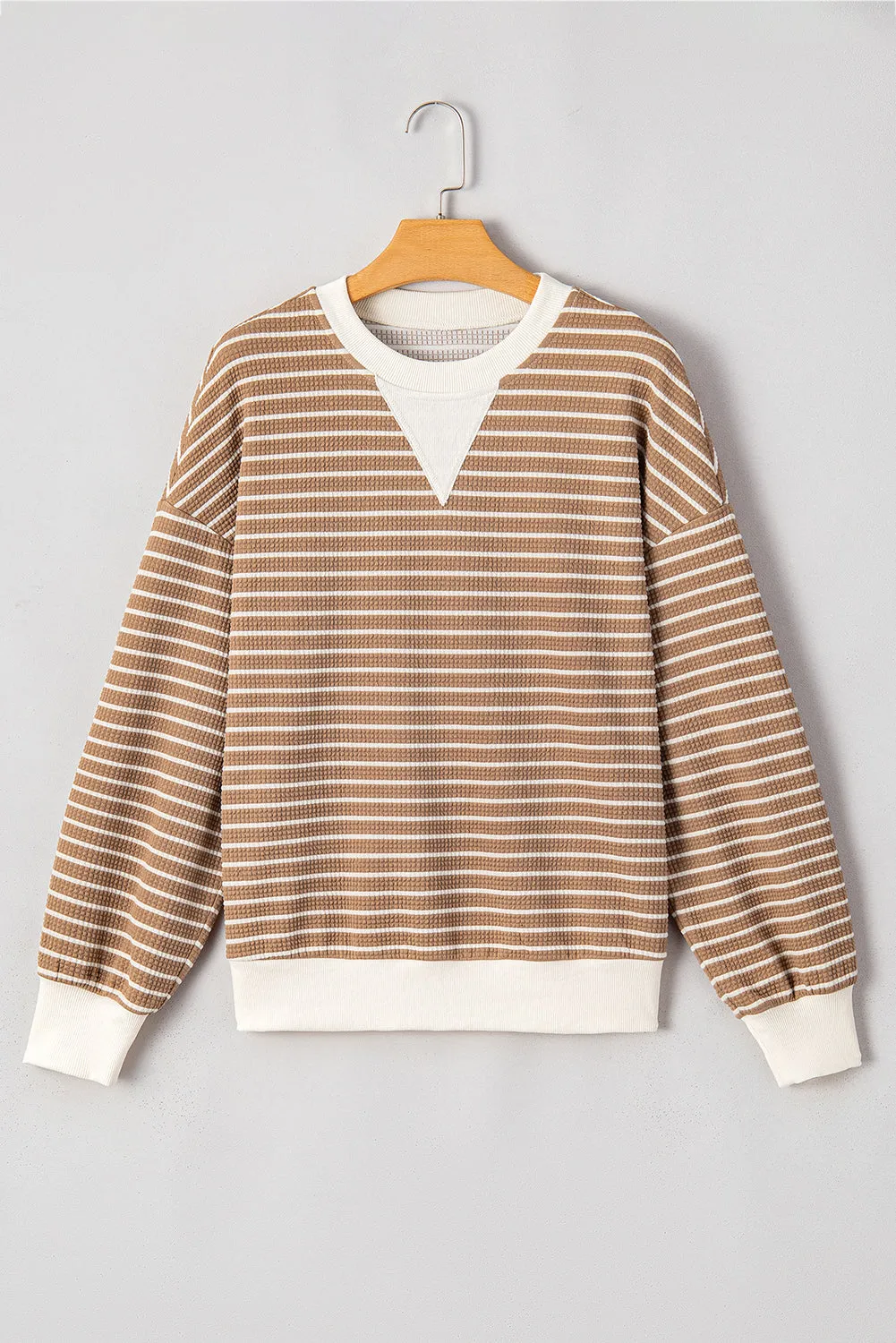 Khaki Stripe Patched Edge Textured Round Neck Long Sleeve Top